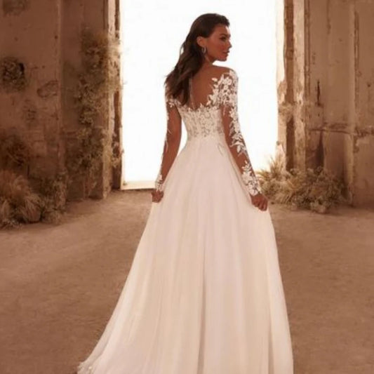 RODDRSYA Boho manches longues robe De mariée en mousseline De soie Appliques encolure dégagée bouton dos a-ligne robes De mariée Vestido De Novia