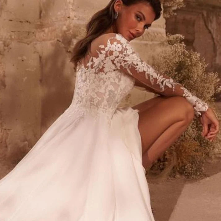 Roddrsya boho lengan panjang gaun pengantin chiffon appliques sendok tombol leher kembali a-line gaun pengantin vestido de novia