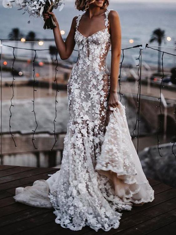 Vestidos de novia de sirena de encaje floral con hombros descubiertos Vestidos de novia de trompeta con lados transparentes Vestidos de novia ajustados con espalda abierta Boho