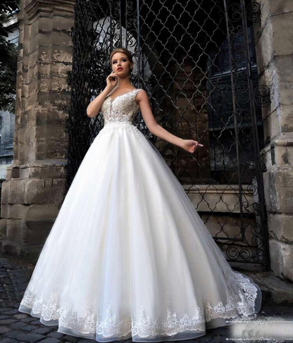 Junoesque Tulle Scoop Neckline See-through Bodice A-line Wedding Dress Empire Waistline Illusion Back Bridal Dress