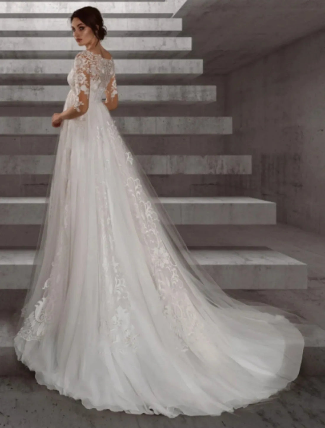 Pregnant Wedding Dress Lace Applique Tulle 3/4 Sleeves A Line Bridal Gown Bride Women Formal Party Elegant Custom made Ivory