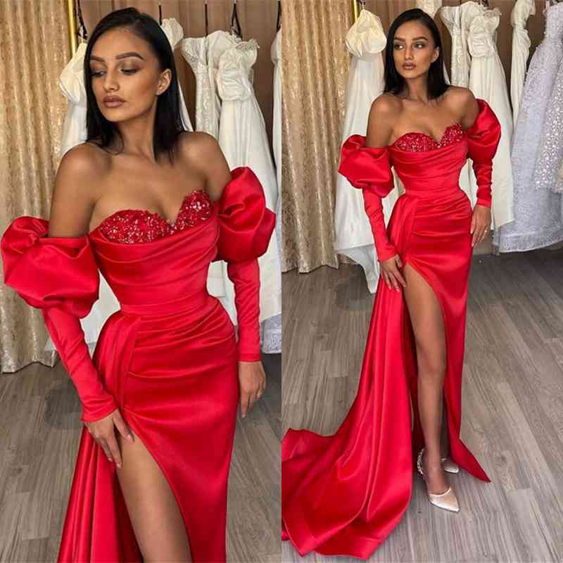 Vestido De noche con diseño De pecho y lentejuelas rojas, Vestidos De fiesta De sirena con mangas abullonadas, Vestidos De Fiesta De satén De seda De alta calidad