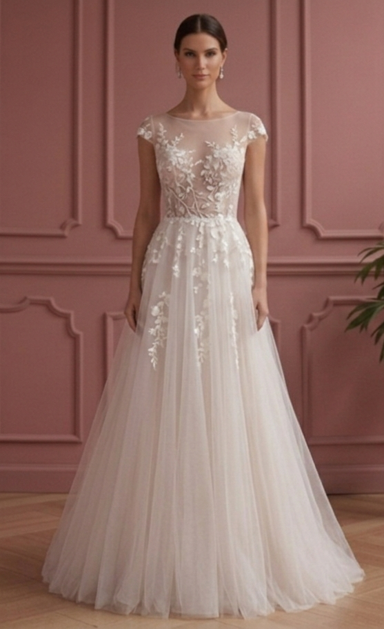 Ethereal A-Line Wedding Dress Illusion Bodice Tulle Skirt