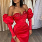 Red Sequins Chest Design Evening Dress Puffy Sleeve Mermaid Prom Dresses High Quality Silk Satin Fishtail Vestidos De Fiesta