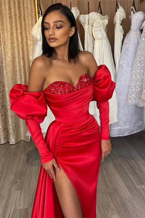 Red Sequins Chest Design Evening Dress Puffy Sleeve Mermaid Prom Dresses Silk Satin Fishtail Vestidos De Fiesta Red