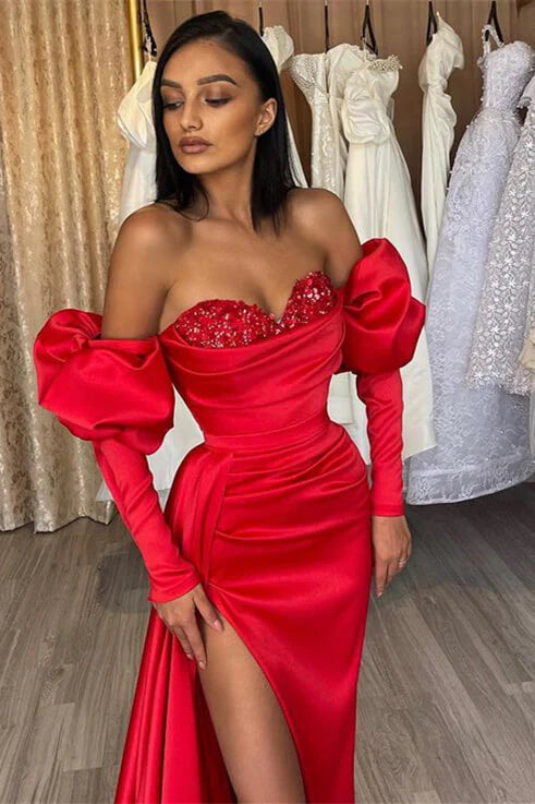 Red Sequins Chest Design Evening Dress Puffy Sleeve Mermaid Prom Dresses High Quality Silk Satin Fishtail Vestidos De Fiesta