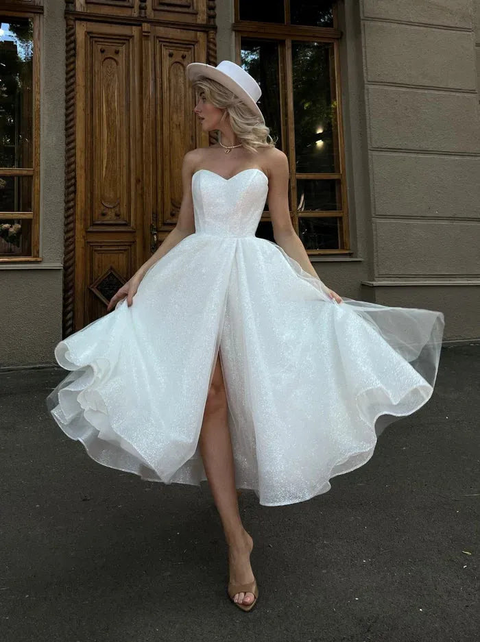 Shiny Short Wedding Dresses Sweetheart Simple Bridals Party Gowns Leg Slit Formal Evening Dresses for Women Bride Gowns Ivory 26W