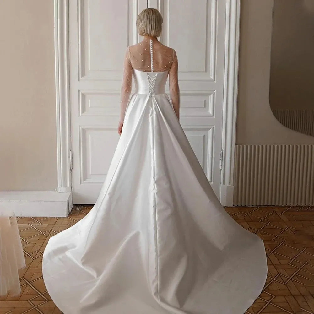 Robe De mariée trapèze en Satin, manches longues, avec perles, fente haute, Illusion au dos, nouvelle collection