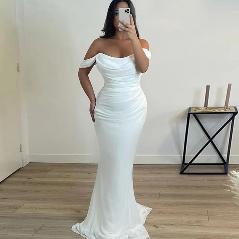 Vestidos de Noche árabes para fiesta de boda, hombros descubiertos, plisados ​​blancos, sirena de gasa, vestidos formales de graduación de celebridades 