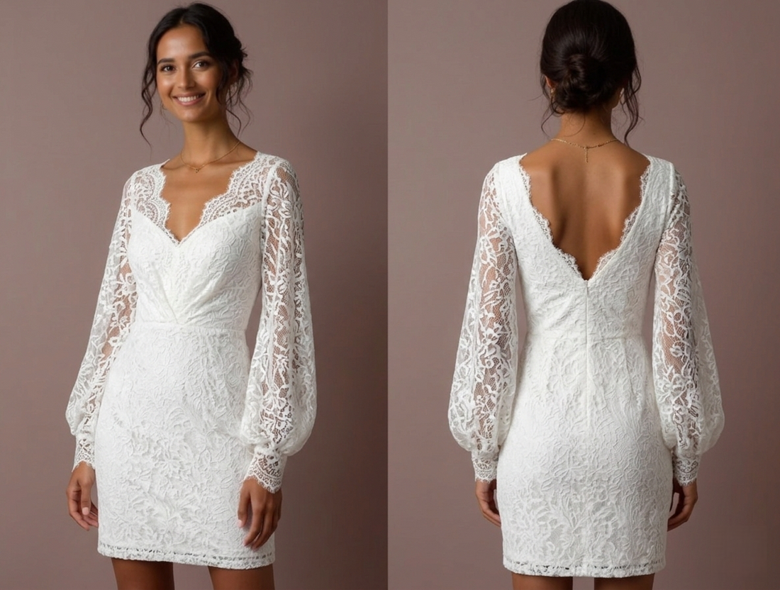 Short Lace Wedding Dress with Long Sleeves Elegant V Neck Bridal Gown embroidery mesh New Satin Short Wedding Dress silk