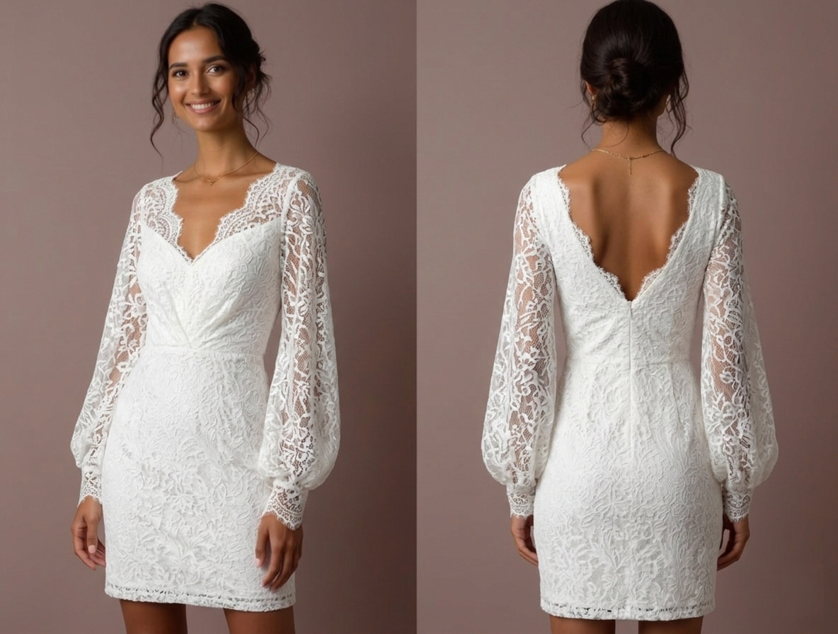 Short Lace Wedding Dress with Long Sleeves Elegant V Neck Bridal Gown embroidery mesh New Satin Short Wedding Dress silk