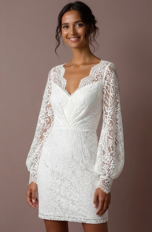 Short Lace Wedding Dress with Long Sleeves Elegant V Neck Bridal Gown embroidery mesh New Satin Short Wedding Dress silk