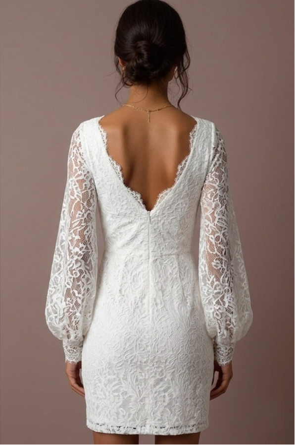 Short Lace Wedding Dress with Long Sleeves Elegant V Neck Bridal Gown embroidery mesh New Satin Short Wedding Dress silk