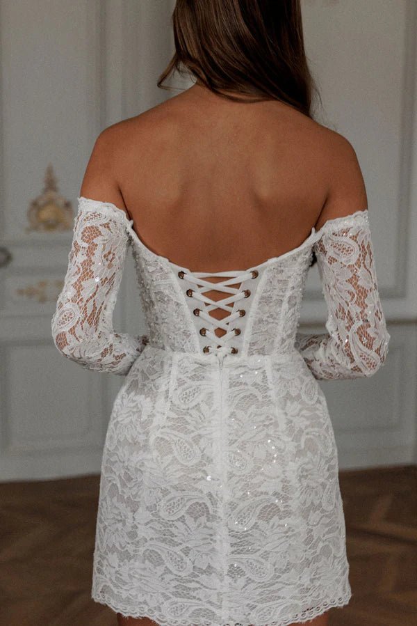 Scintillio in pizzo a pizzo mini abiti da sposa a maniche lunghe a cuore fuori dalla spalla abiti da sposa corti vestidos de nolia