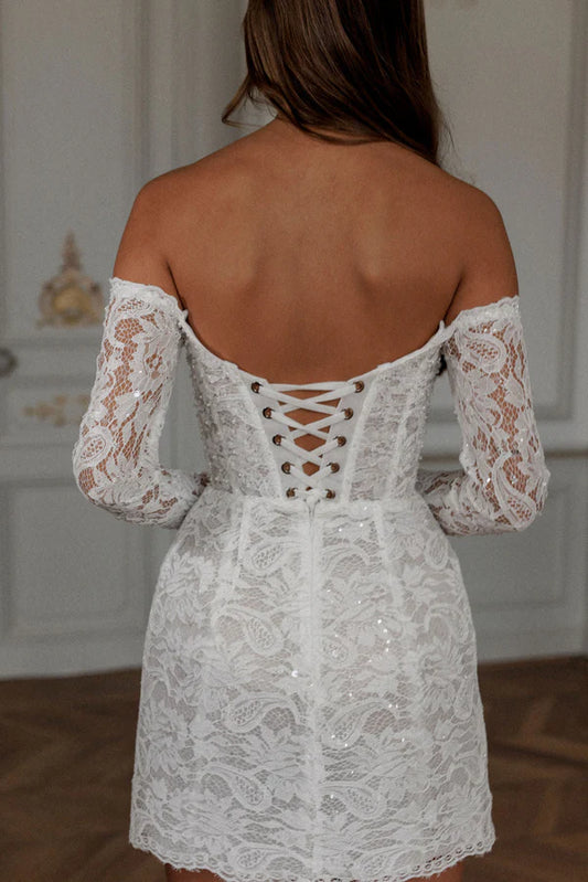 Paillettes pleine dentelle a-ligne Mini robes de mariée manches longues chérie hors de l'épaule robes de mariée courtes vestidos de novia