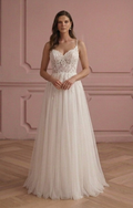 Romantic A-Line Wedding Dress Lace Bodice Flowing Skirt Bridal Gown