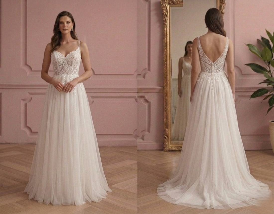 Romantic A-Line Wedding Dress Lace Bodice Flowing Skirt Bridal Gown