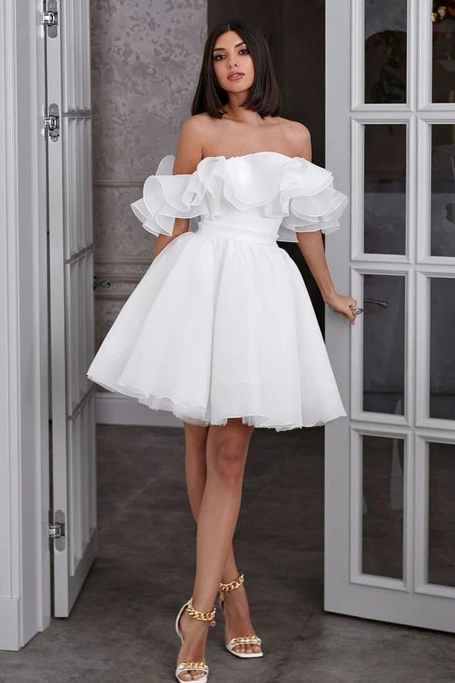 White Mini Short Wedding Dresses for Women Bride A Line Wedding Gowns Off the Shoulder Ruffle Belt Sleeveless Bridal Dress