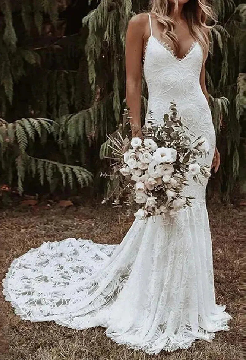 Spaghetti Straps V Neck Mermaid Wedding Dresses Lace Summer Beach Boho Wedding Gowns Elegant Backless Custom Bridal Dress Ivory 20w Boho
