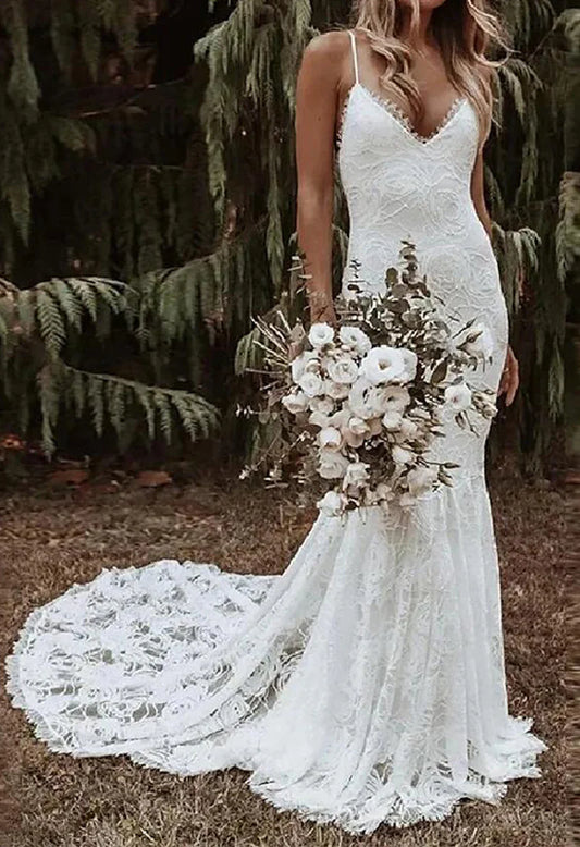 Spaghetti Straps gegen Neck Meerjungfrau Brautkleider Spitze Sommer Beach Boho Hochzeitskleider elegante rückenfreie kundenspezifische Brautkleid