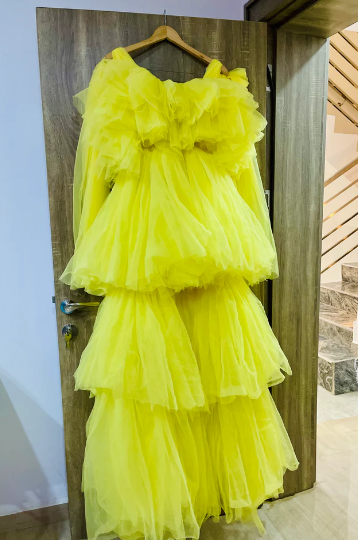 Light Yellow Party Dress Sling Multilayer Evening Dresses High Low Vestidos De Noche Tulle Sleeveless  Prom Dress