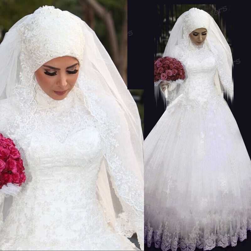 2022 שרוולים ארוכים שמלת כלה מוסלמית תחרה גבוהה תחרה חלוק ארוך דה מארייז 'שמלות כלה ערבית אסלאמית vestido de novia