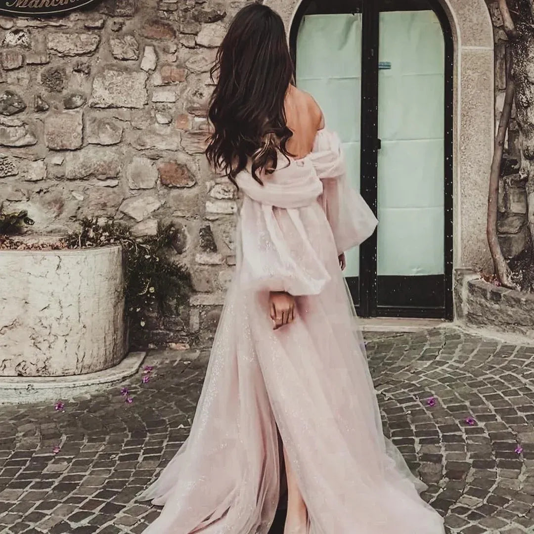 Bling Evening Dresses Dark Pink Off Shoulder Full Puff Sleeves Sweetheart Front Slit Pleats Evening Gowns Party Graduation