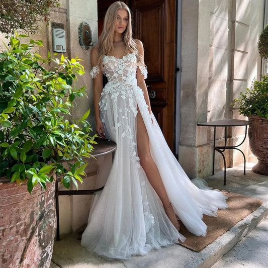 Robe de mariée en Tulle à fleurs 3D, tenue de plage, épaules dénudées, col en cœur, fente latérale, avec des Appliques