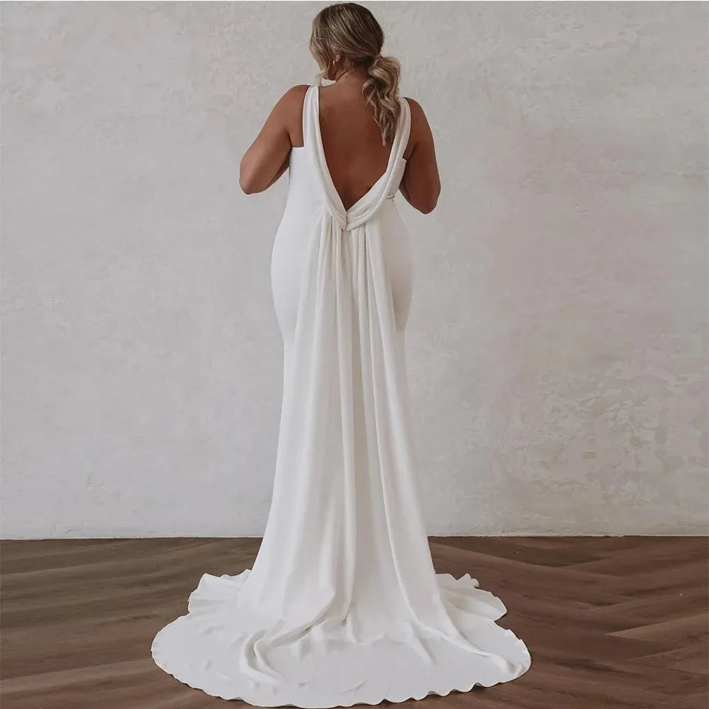 Sogno profondo a v collo in crepe in crepe staccabile abito da sposa sirena di sirena semplice senza maniche aperte abiti da sposa semplici eleganti eleganti