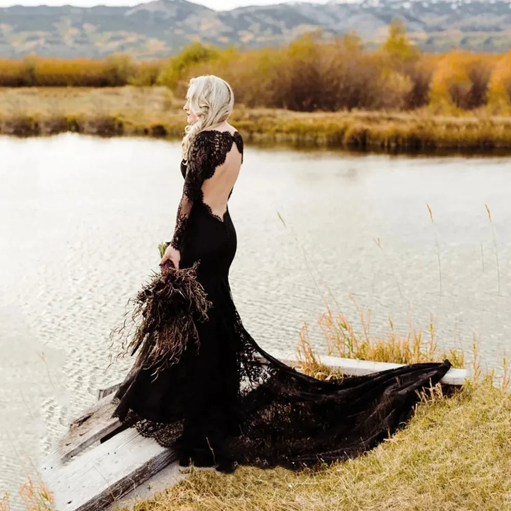 Black Wedding Dresses Gothic Mermaid Wedding Dresses Open Back Lace Appliqued Wedding Dresses For Women Custom Vestidos De Boda