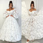 Ivory A-Line Wedding Dresses Off Shoulder Floral Brides Dress for Women Long Puff Sleeves Ankle Length Bridal Party Gowns