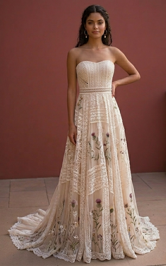 Champagne and White Floral Lace Strapless Bridal Gown Wedding dress