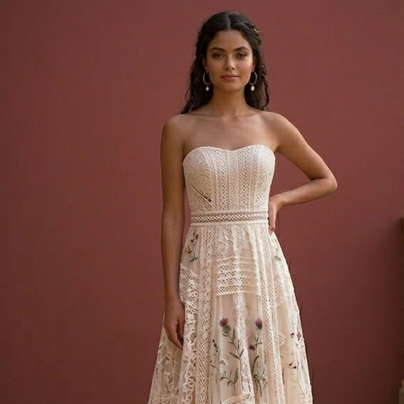 Champagne and White Floral Lace Strapless Bridal Gown Wedding dress