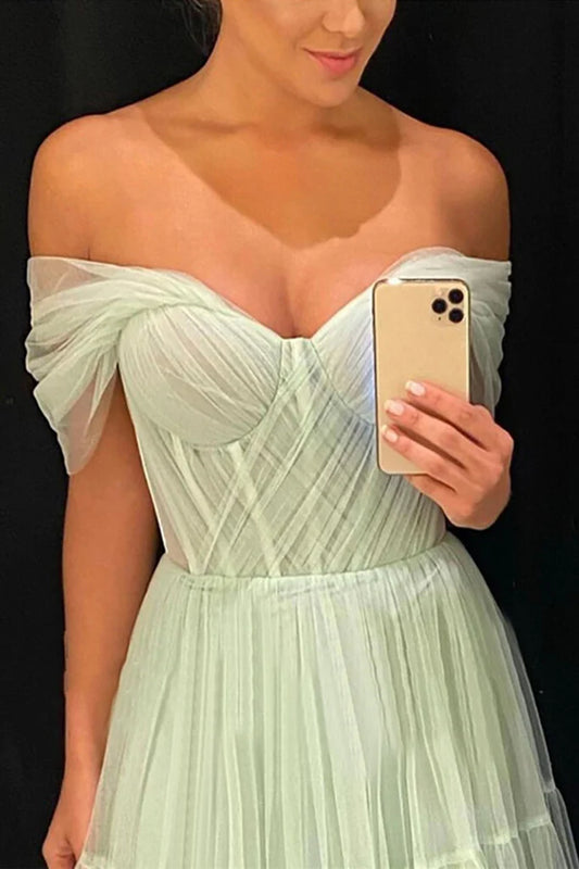 Vestidos de Fiesta verde claro con hombros descubiertos tul فساتين السهرة elegantes sin mangas hasta el suelo vestidos verano moda