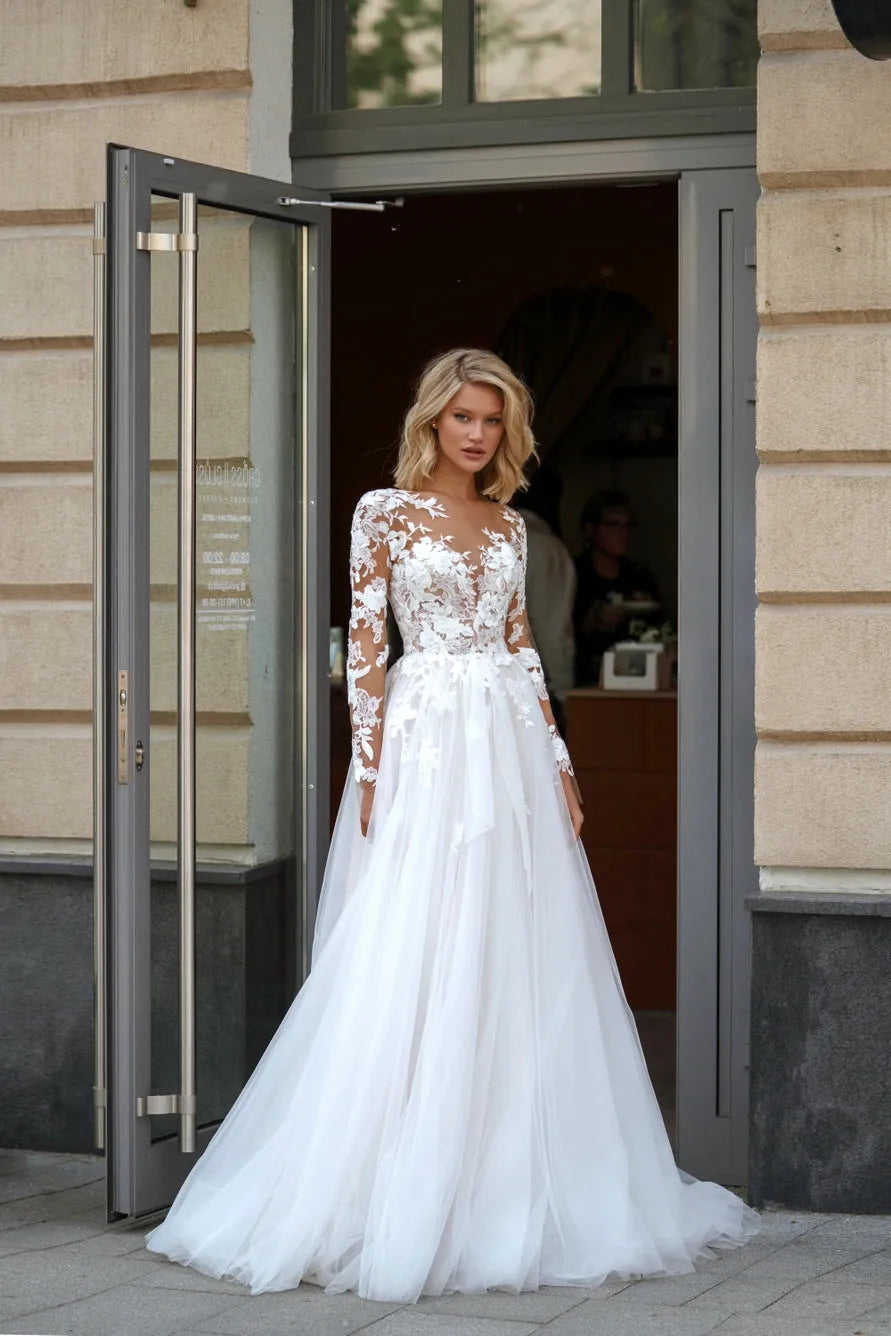 Elegant A-Line Wedding Dresses Long Sleeves Appliques Tulle Brides Dress for Women Button Generous Bridals Dresses Bespoke