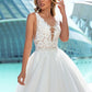 Glamorous Lace V-Neckline A-line Wedding Dresses With Lace Appliques Gridding Sequin Bridal Gowns vestido noiva curto