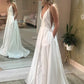 Wholesale Spaghetti Straps Sexy V Neck White Satin Wedding Dresses with Pockets Elegant Bridal Gowns Robe De Mariee