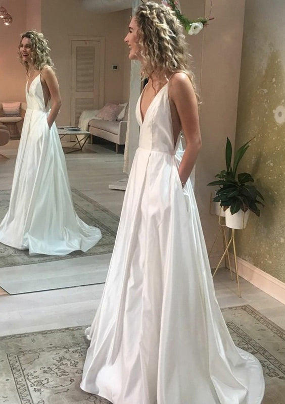 Venta al por mayor correas espaguetis Sexy cuello en V vestidos De novia De satén blanco con bolsillos elegantes vestidos De novia Robe De Mariee