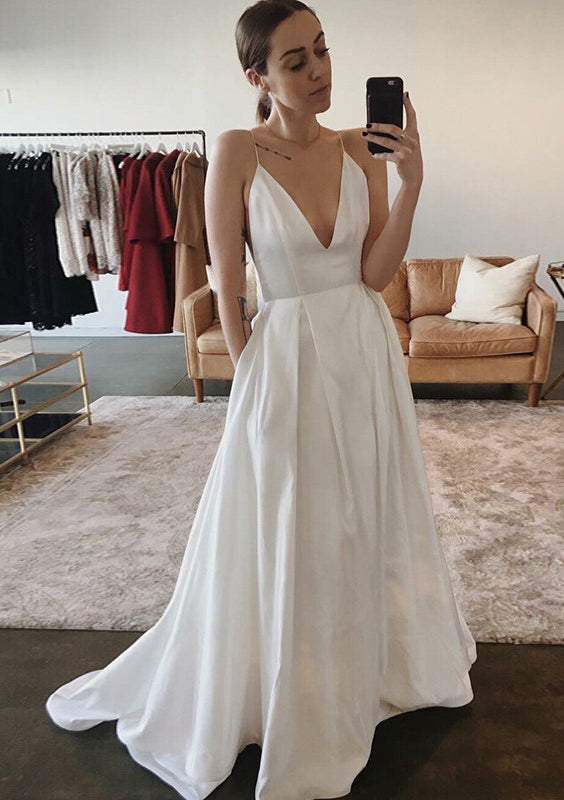 Tali Spaghetti Borong Sexy V Neck White Satin Wedding Dresses With Pockets Elegant Bridal Gowns Robe de Mariee