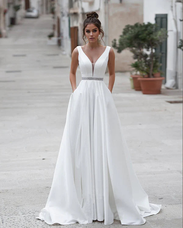 Elegant Satin Wedding Dresses With Pockets V-Neck A -Line Open Back Bridal Party Gowns Sequin Sweep Train Vestidos De Novia