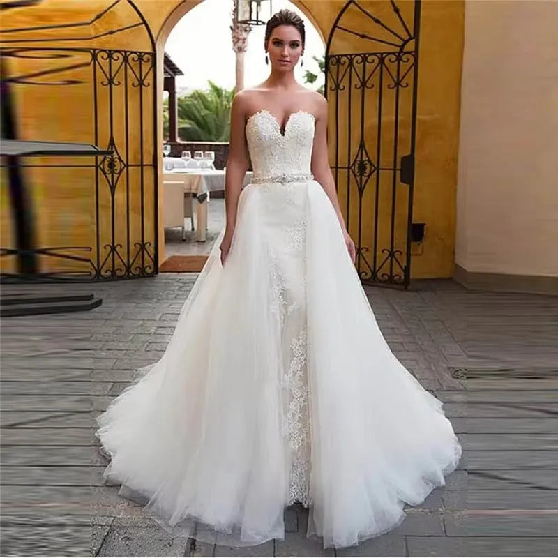 Fascinating Tulle Sweetheart Neckline 2 In 1 Mermaid Wedding Dress with Detachable Skirt Beading Belt Two Pieces Bridal Gowns WHITE
