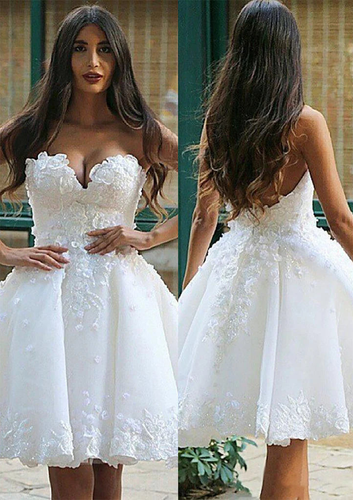 Robe De mariée courte de plage blanche bouffante, ligne A, avec des Appliques florales, longueur aux genoux, robes De bal, dos nu, Robe De Mariee