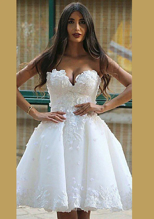 Robe De mariée courte de plage blanche bouffante, ligne A, avec des Appliques florales, longueur aux genoux, robes De bal, dos nu, Robe De Mariee