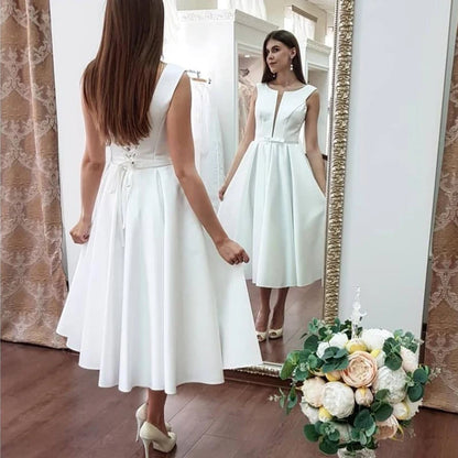 Elegante kurze Tee Länge Hochzeitskleid V-Ausschnitt Böhmische Robe de Mariee Charming Satin Beach Braut Kleid