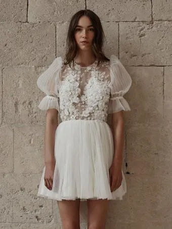 White Short Wedding Dress Tea Length Jewel Neck Long Sleeves A-Line V-Nec Bow Satin Court Train Sleeves White Modern Bridal Vestido De Novia Princess Gown Satin Mermaid Satin