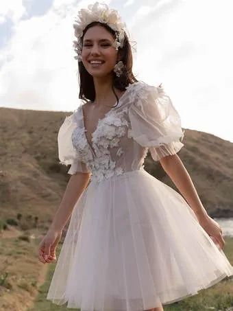 White Short Wedding Dress Tea Length Jewel Neck Long Sleeves A-Line V-Nec Bow Satin Court Train Sleeves White Modern Bridal Vestido De Novia Princess Gown Satin Mermaid Satin