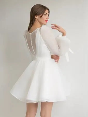 Short Wedding Dresses Jewel Neck Short Long Sleeves Natural Waist Short Organza Wedding Dress Satin Mermaid Bow Satin Court Train Sleeves White Bridal Princess Gown Vestido De Novia Modern Satin
