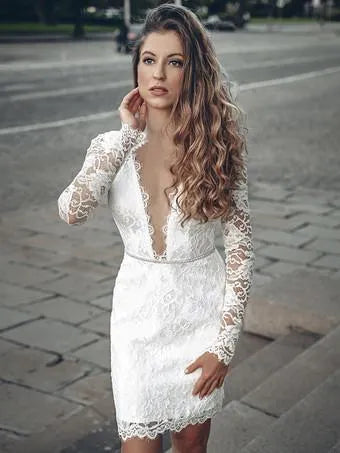 V-Neck Long Sleeves Wedding Dress Satin Bow Satin Court Train Sleeves Bridal Gowns Modern Princess White Vestido De Novia Mermaid Satin