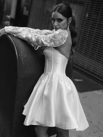 Ivory A-Line Calf Length Turtleneck Long Sleeves Wedding Dress Modern Princess White Vestido De Novia Mermaid Satin Bow Satin Court Train Sleeves Bridal Gowns Satin