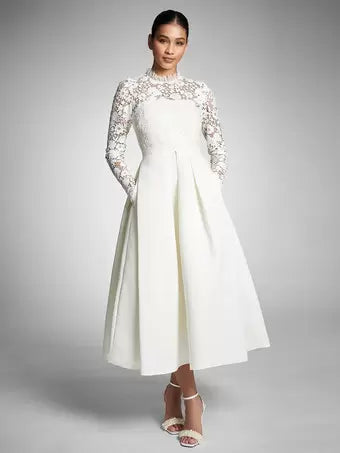 Ivory A-Line Calf Length Turtleneck Long Sleeves Wedding Dress Modern Princess White Vestido De Novia Mermaid Satin  Bow Satin Court Train Sleeves Bridal Gowns